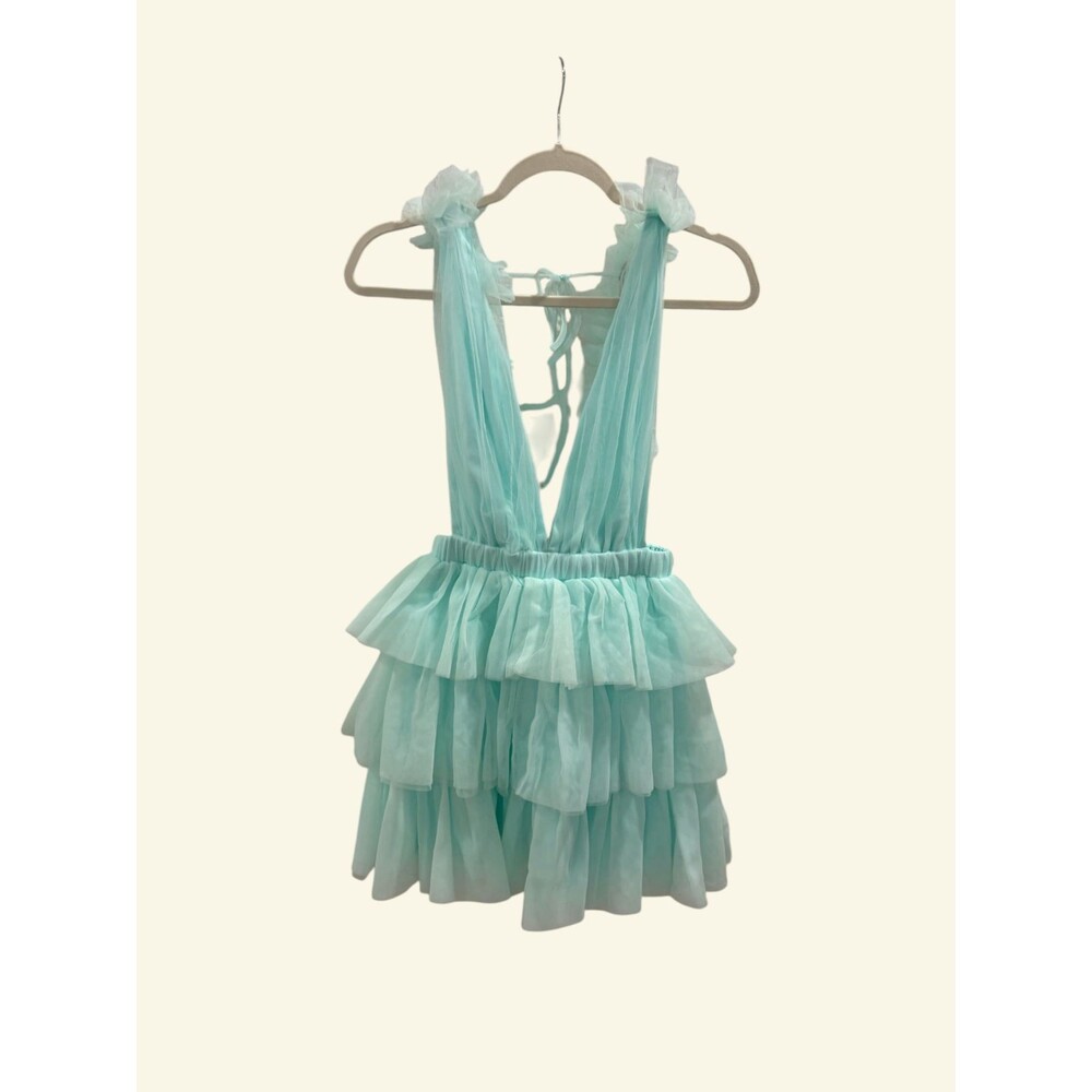 Mable Mint Green Tulle Dress New Romantic Tiered Ruffle Mini V-Neck Open Back S